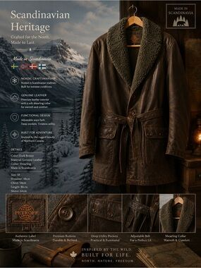 Dark Brown Leather Pea Coat with Shearling Collar